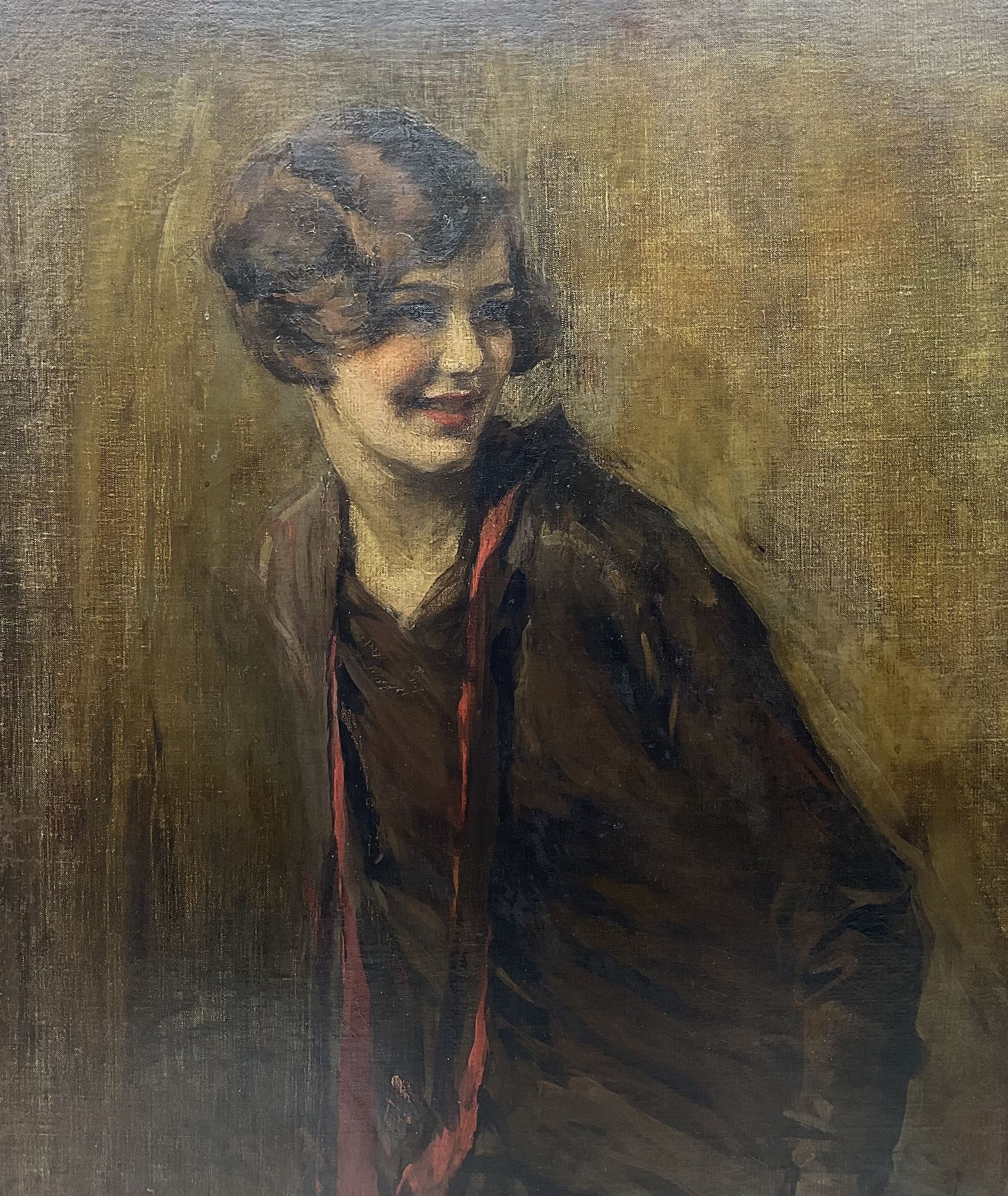 Isaac Michael Cohen (Australian 1884-1951): Portrait of Smiling Girl with Red Scarf, oil on canvas signed with monogram, with James Bourlet & Sons label verso 76cm x 63cm 