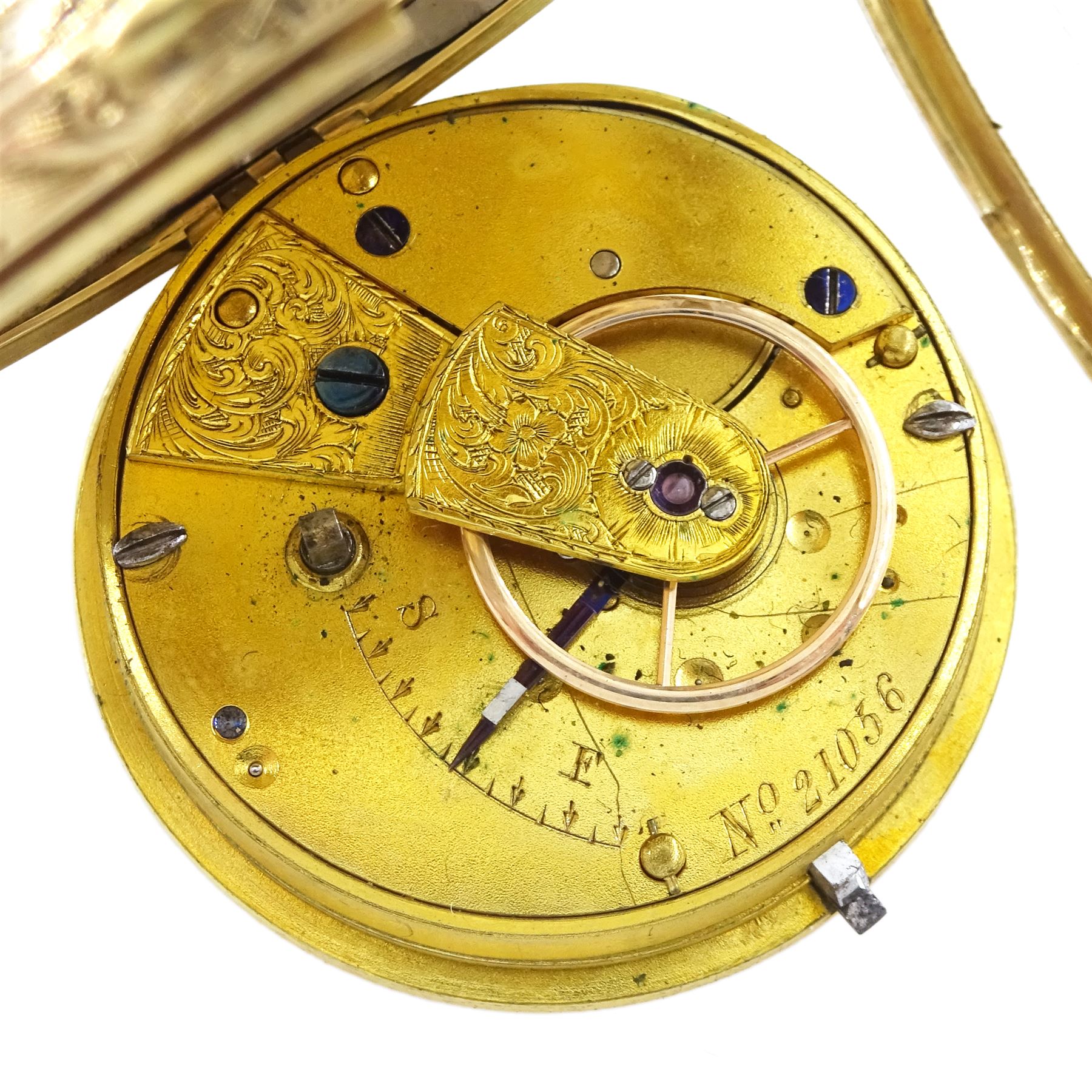 Victorian 12ct gold open face, keyless lever pocket watch, No. 21056, gilt dial with Roman numerals, case with engraved floral decoration by Thomas R Russell & Co, Chester 1852, with 18ct gold key