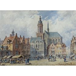 Pierre Le Boeuff (Belgian fl.1899-1920): Continental Market Square, watercolour signed 27cm x 37cm