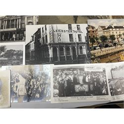 Thirty Edwardian and later postcards of Hull interest including street scenes, Queen Mary Visit 1917, shop fronts, procession etc; quantity of Victorian and later photographs including street scenes, public buildings, shop fronts, funeral procession, school groups, shipping etc; and various printed views, some in albums