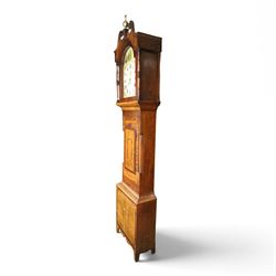 George Tesseyman of Northallerton - 19th century oak and mahogany 30 hour longcase clock, Hoho-bird on sphere finial with broken swan-neck pediment, dial painted with hunting scene, over a mahogany-banded oak case