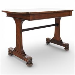 William IV mahogany library table, rectangular top with rounded edges inset with gilt and ...