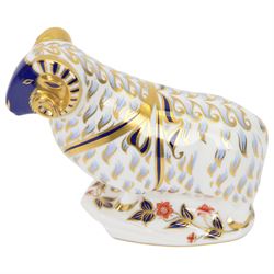 Four Royal Crown Derby paperweights, comprising Large Ram with gold stopper, Penguin with gold stopper, The Spaniel with gold stopper and box and Contented Cat with gold stopper and box   