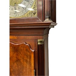English late 18th century 8-day mahogany longcase clock, swans neck pediment with three brass finials, patera and painted glass panels beneath, trunk with reeded quarter columns and wavy topped door, plinth with a raised panel, canted corners on bracket feet, with a brass dial and silvered chapter ring engraved “Clifton Fecit”, with Roman numerals, quarter hour track, minute track and half-hour markers, with a matted and engraved dial centre, seconds ring, pierced steel hands, calendar aperture and painted lunar disc to the arch, dial pinned to a rack striking movement with a recoil anchor escapement, striking the hours on a bell.
With pendulum weights and key.
