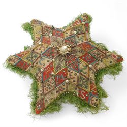 Victorian sweetheart pin cushion in the form of a star 'Forget Me Not, from Warley Barracks' 1889, a WWI heart shape cushion 'Essex Regiment' and another 'Royal Sussex Regiment' (3)