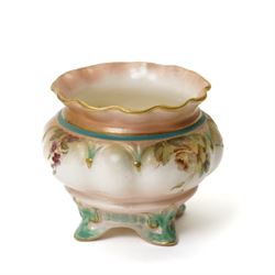 Pair of Royal Worcester blush ivory figures from the Countries of the World series 'Irish Girl' 1874 and 'Welsh Girl' 1875, pair of Royal Worcester blush ivory shallow shell dishes painted with flowers D12cm and a small Hadley's Worcester cauldron shape vase (5) 