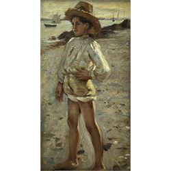 After Henry Scott Tuke (British 1858-1929): Boy on the Shoreline, oil on panel signed with initials 37cm x 20cm