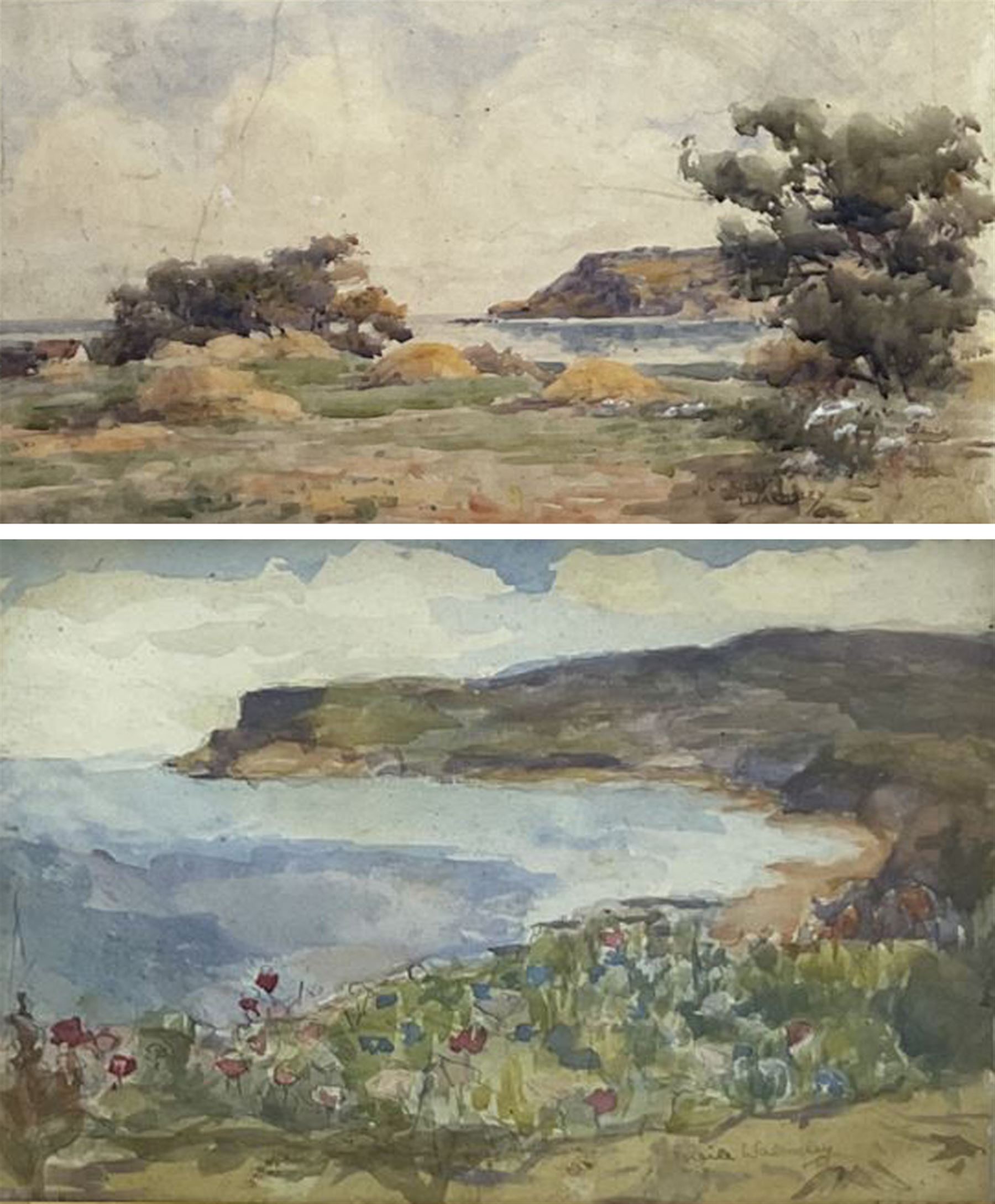 James Ulric Walmsley (British 1860-1954): Ravenscar viewed from Smailes Moor Farm, watercolour signed 16cm x 30cm; Sheila Walmsley (British mid 20th century): Spring Flowers above Robin Hood's Bay, watercolour signed 17cm x 25cm (2) 
Notes: Sheila was James Ulric's daughter.