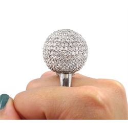 Palladium pave set round brilliant cut diamond ball ring, hallmarked, total diamond weight approx 15.00 carat