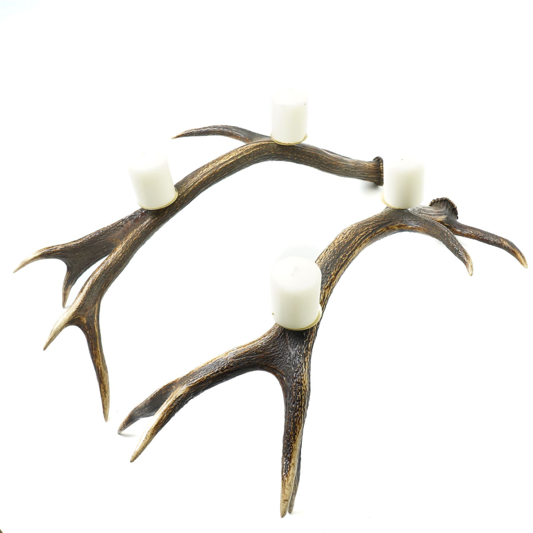 Antlers/Horns -  pair of stags antler candelabra, the six point antlers mounted with two sconces and candles, each approximately W75cm (2)