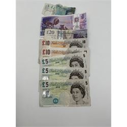Various Great British banknotes including Bank of England Peppiatt and later one pound notes, three Salmon five pound notes, Salmon ten pound note, Lowther ten pound note, Bailey twenty pound note, Royal Bank of Scotland polymer twenty pound note etc. 