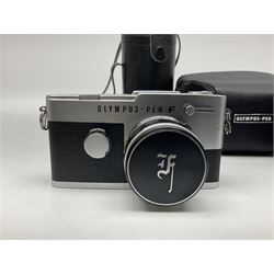 Olympus Pen FV camera body, serial no. 120981, with 'Olympus F.Zuiko Auto-S 1:1.8 f=38mm' lens, serial no. 251523, 'Olympus Zuiko Auto-zoom1:3.5 f=50-90mm, serial no. 135752 and clip on shoe