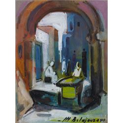 Mohamed Belajouza (Tunisian 20th Century): Streets of Sousse, set of three gouaches signed, max 18cm x 13cm (3)