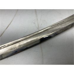 Early 20th century Indian ebonised sword stick, the 59.5cm blade with punched decoration and horn grip L94cm overall; and a reproduction Indian tulwar with scabbard (2)