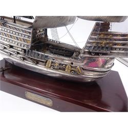 Modern silver limited edition model of The Mary Rose, depicting the ship in full sail, with gilded details, hallmarked Ammonite Ltd, Birmingham 1982, model height 32cm, mounted upon rectangular wooden plinth with applied silver name plaque, no. 9/250, overall H36.5cm