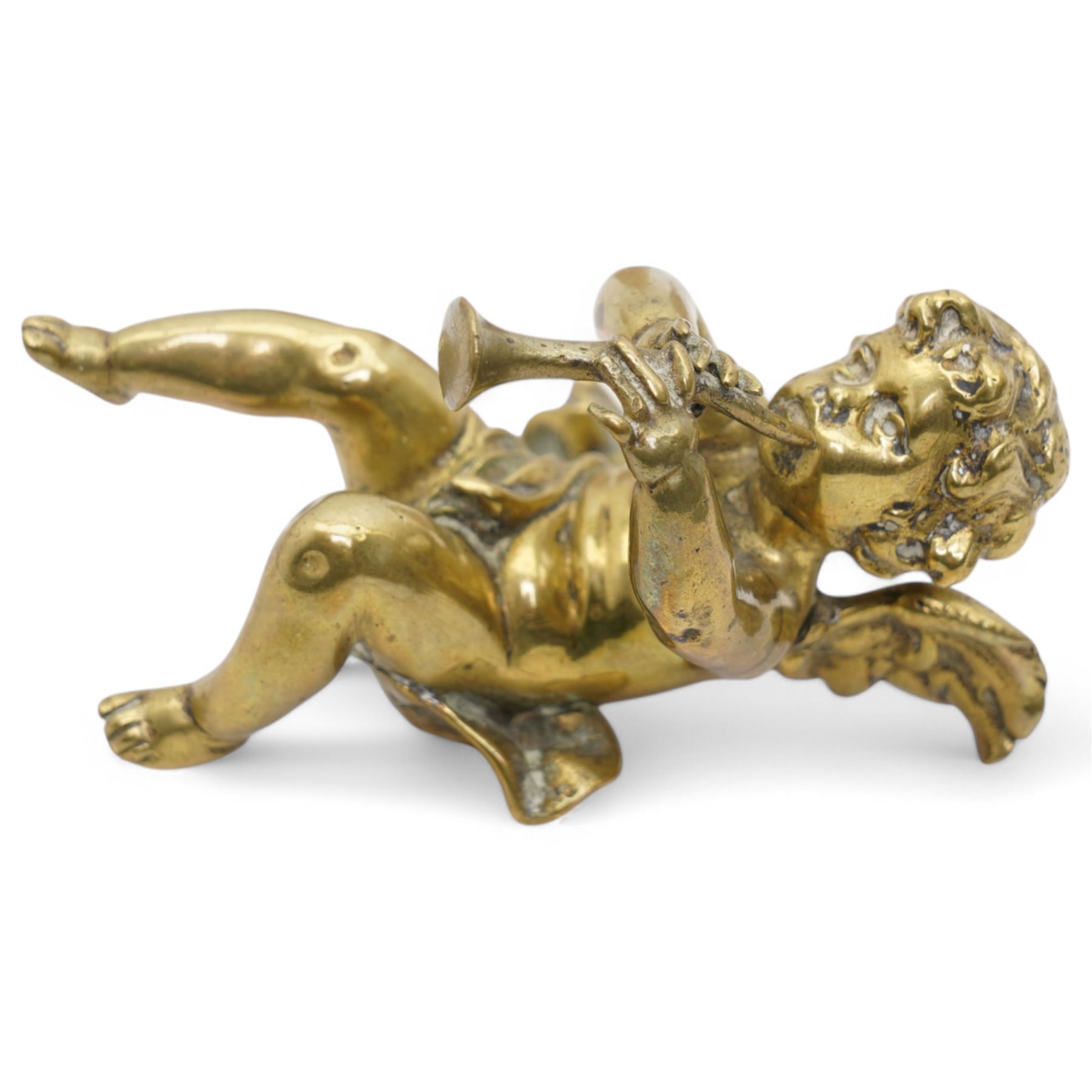 Brass and marble bookends with reclining putti figures, together with a brass figure of a cherub, bookends H8cm 