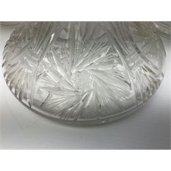 Pair of cut glass decanters and stoppers, together with a cut glass ships decanter and stopper, and pair of claret jugs with star cut decoration to bodies, in one box, (5)