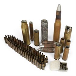 Collection of inert shells and cases, including 30mm Raden shell, L2A2 ammunition in clips etc 