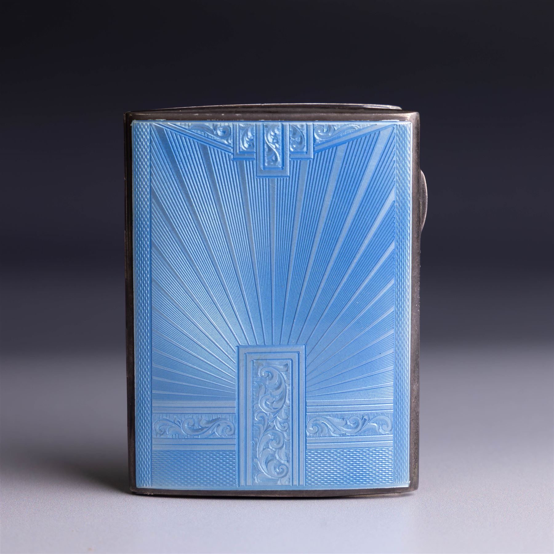 1930s silver cigarette case, with blue guilloche enamel decoration to cover, hallmarked Collingwood & Sons Ltd, Birmingham 1937, H8.5cm