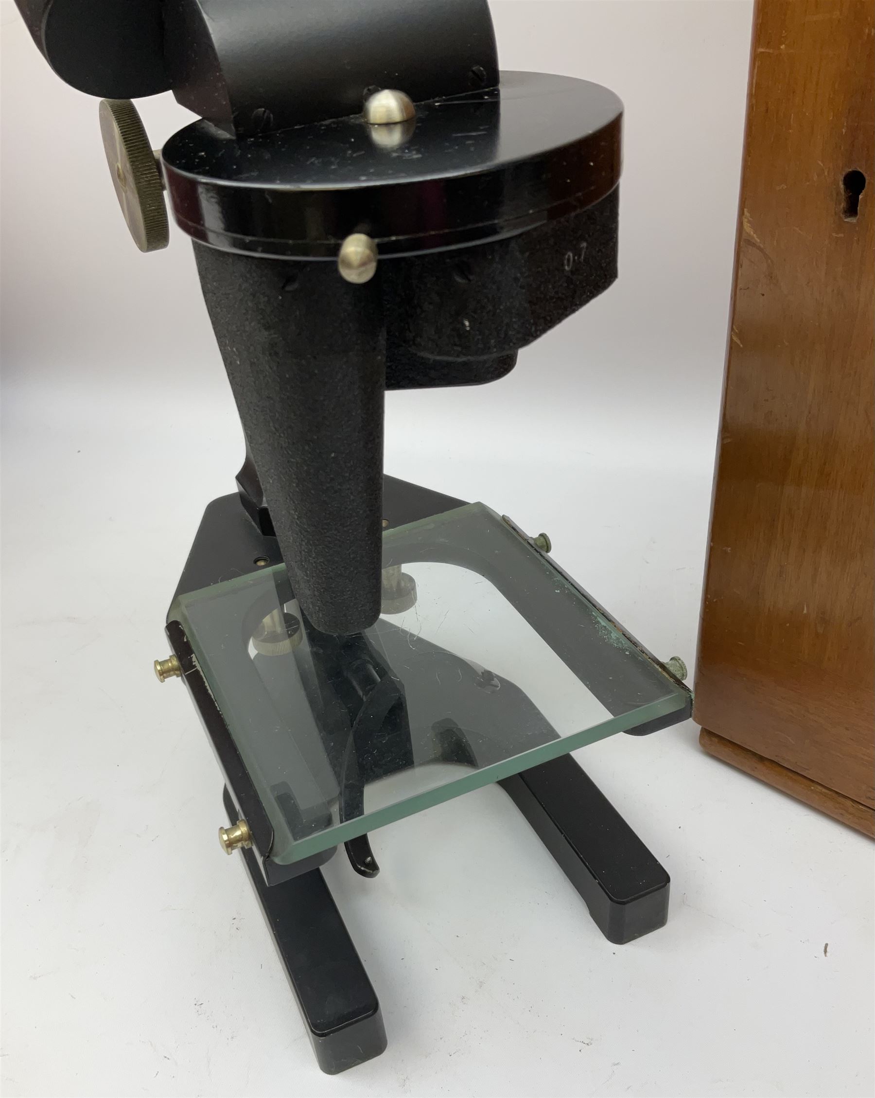 Charles Perry binocular microscope 'Classic No 1', with pitchfork base and rack and pinion focusing, in original fitted mahogany case with additional lenses, H44cm