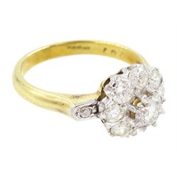 Gold round brilliant cut diamond flower head cluster ring, stamped 18ct, total diamond weight approx 0.90 carat