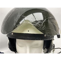 RAF Alpha MK 4 helicopter pilot's flying helmet, finished in white for civilian/rescue service use; reconditioned and avionics tested as working; black cloth cover to visor; fitted with boom microphone; medium size; in blue cloth carrying bag
