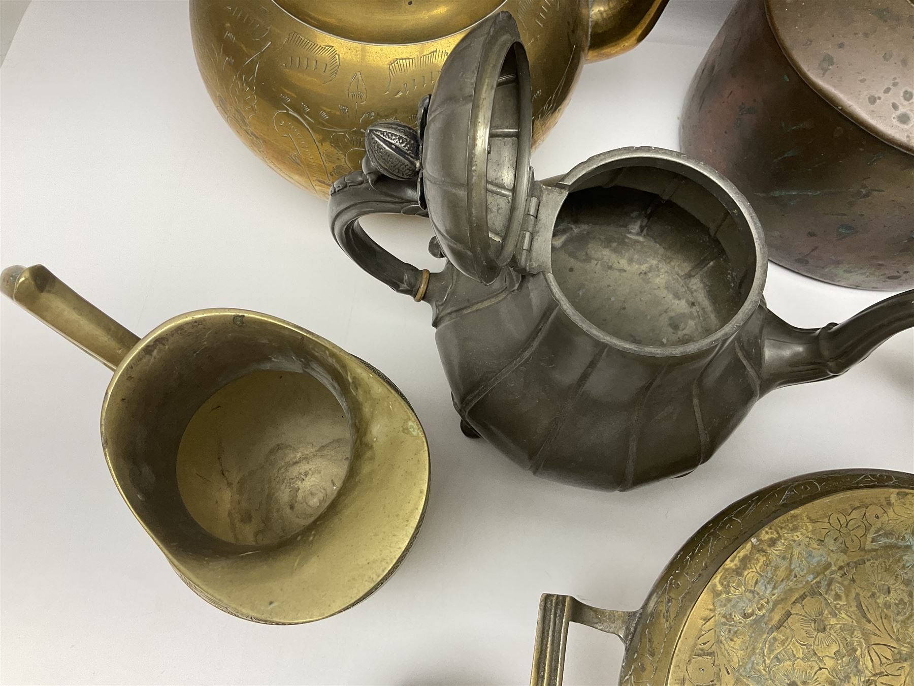 Collection of brassware, to include, kettles, jugs, owl figures etc