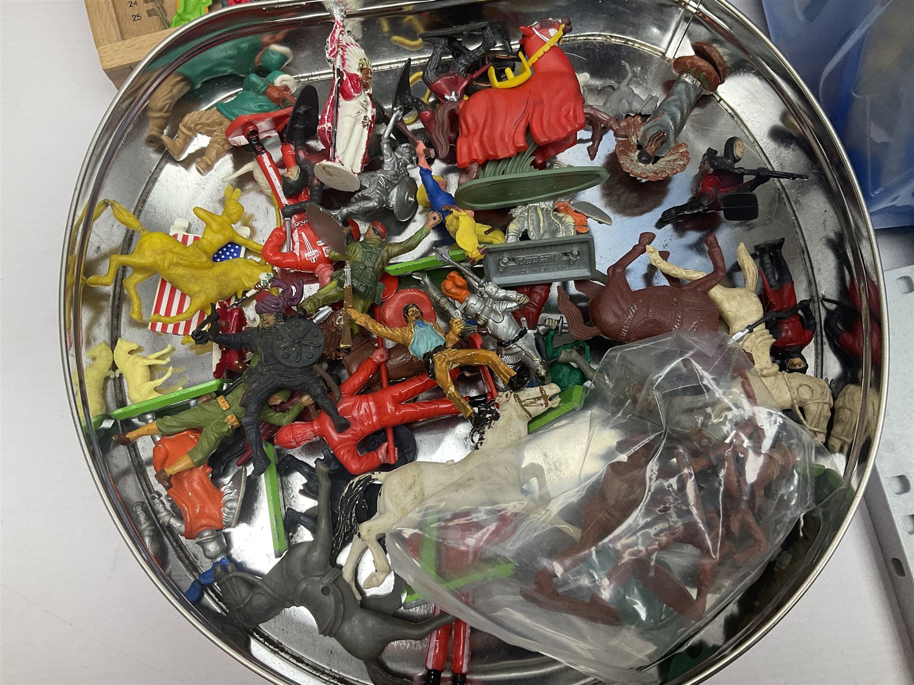 Quantity of loose Playmobil figures, playset parts and accessories, with small amount of Britains Ltd figures etc, in two boxes 