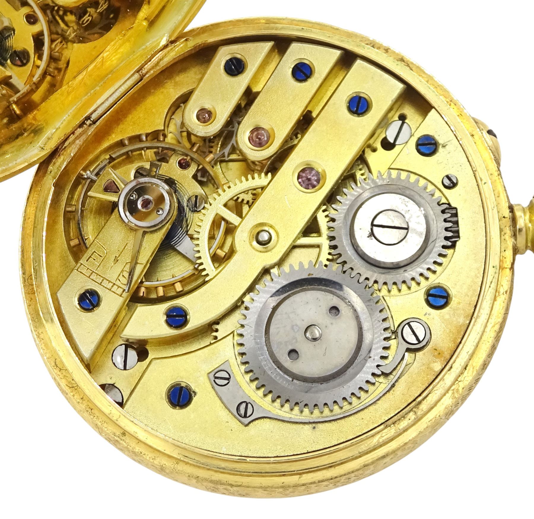 Early 20th century 18ct gold open face keyless lever pocket watch, gilt dial with Roman numeral hour markers, engraved foliate case, London import mark 1907, on rose gold-plated belcher link chain