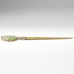Chinese 18th/ 19th century jade pendant, carved as a peach on a branch, later mounted as a brass paper knife, with bamboo engraved decoration, H20cm