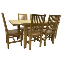Solid beech rectangular dining table (89cm x 135cm - 160cm, H77cm); together with a set of five beech dining chairs