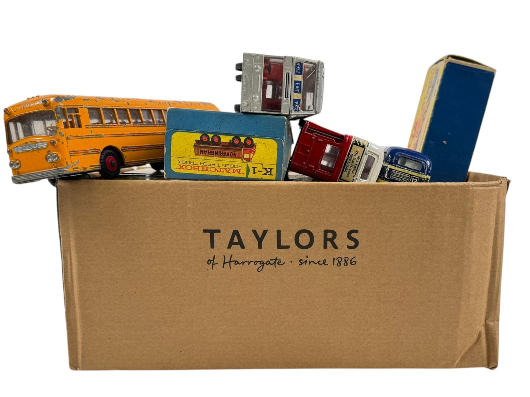 Matchbox Major Pack Car Transporter, Dinky Toys Conveyancer Fork Lift Truck, four Vanguards 1:64 diecast vans/lorries and two Matchbox lorries, all boxed, together with four unboxed diecast buses including Dinky Toys Wayne School Bus