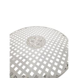 Wrought iron mesh style round bistro table and two chairs in white finish  - THIS LOT IS TO BE COLLECTED BY APPOINTMENT FROM DUGGLEBY STORAGE, GREAT HILL, EASTFIELD, SCARBOROUGH, YO11 3TX