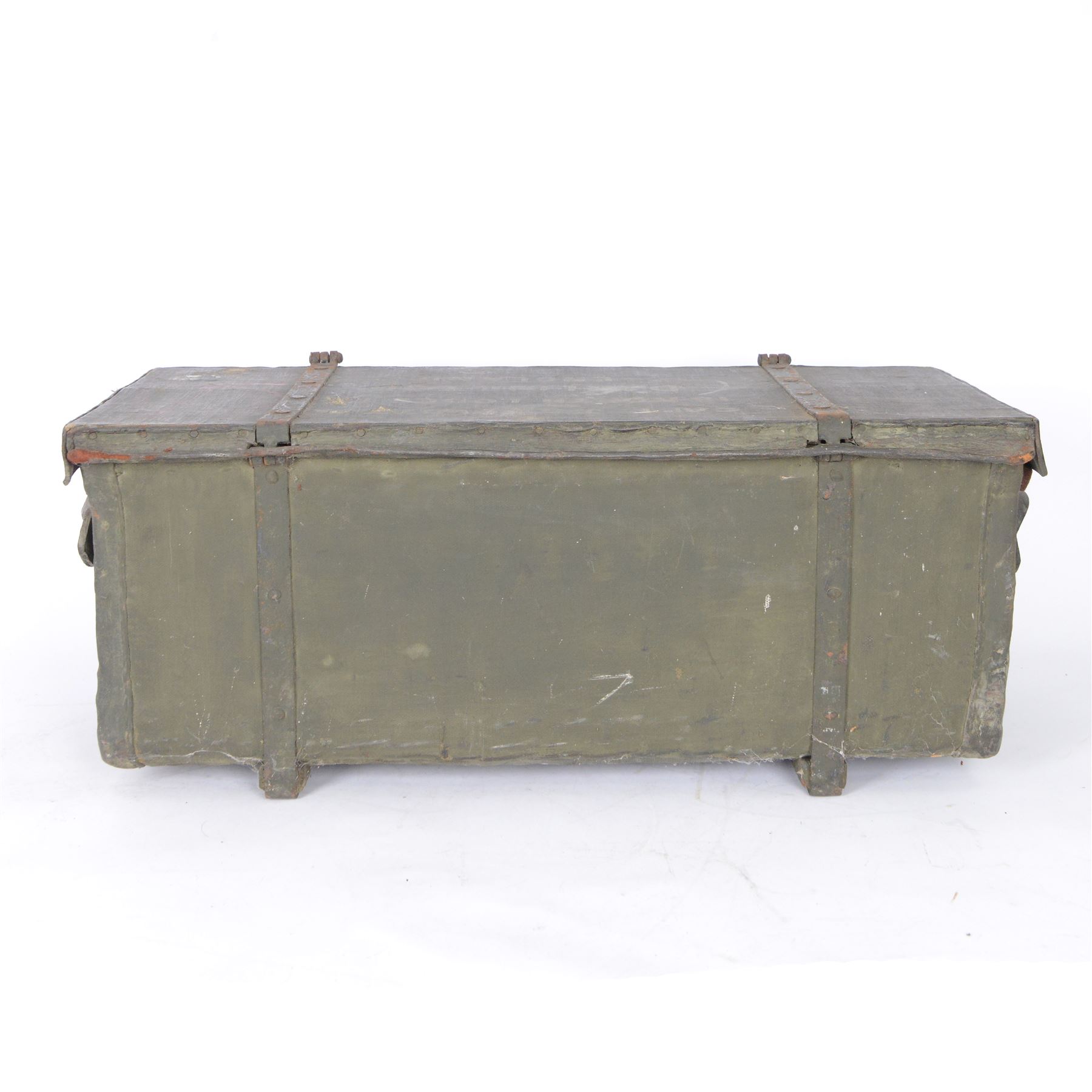 WWII portable trunk with canvas and wooden top and sides, fitted wicker interior with ammunition holders to the lid and makers tag Finch & Sons Ltd, Gloucester, painted to cover 'CAPT J.S.JEWITT 18 NORTH LODGE DARLINGTON ENGLAND', H32CM, L76cm