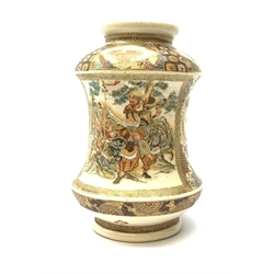 A late 19th century Japanese Satsuma vase, of waisted cylindrical form, painted with figural panels and heightened with gilt throughout, H18cm. 