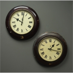  Two early 20th century circular mahogany cased 'GPO' General Post Office slave clocks, Roman dials with George VI crest, painted no. '3/1' & '3', D29cm  
