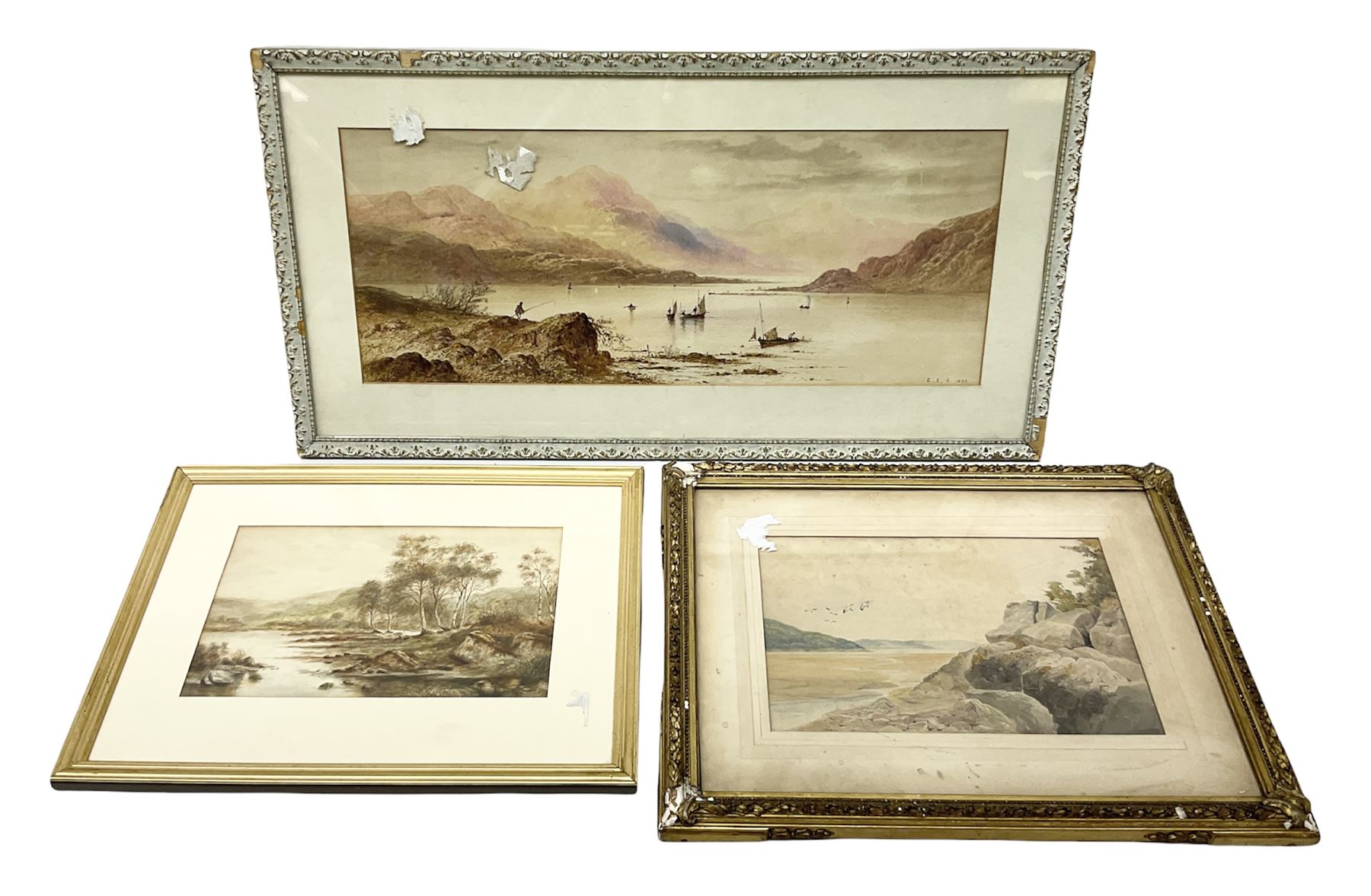 E L R (British 19th century): Loch Fishing with sailing boats, watercolour signed and dated 1893 together with two more similar watercolours max 24cm x 60cm (3)