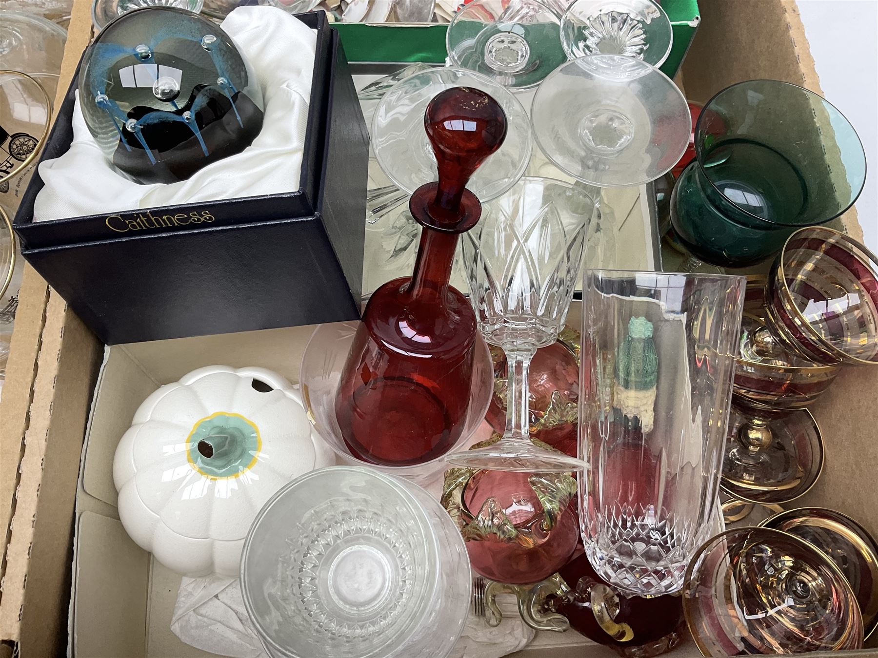 Large quantity of glassware to include Dartington decanter, boxed Caithness Maydance paperweight, mid-century drinking glasses, Murano style figure of a bird, cranberry glass etc