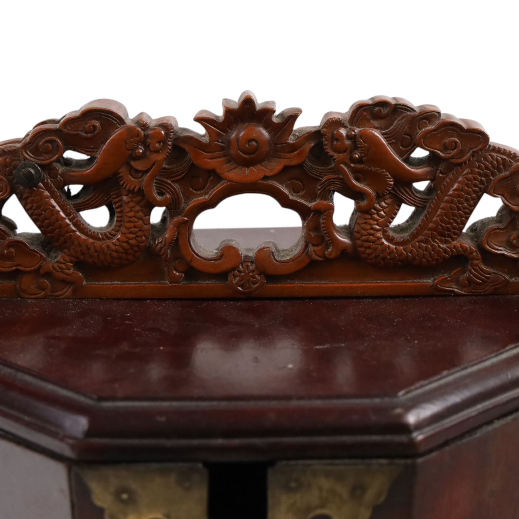 19th century Chinese red lacquer wedding basket, with a carved handle in the form of dragons, H25cm