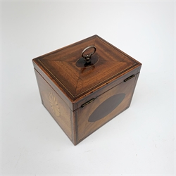 18th century Sheraton style mahogany tea caddy, of cuboid form with banded quarter veneered top, inlaid husk swag to the front and oval shell patera to the sides, the hinged lid opening to reveal a plain interior, W13cm  