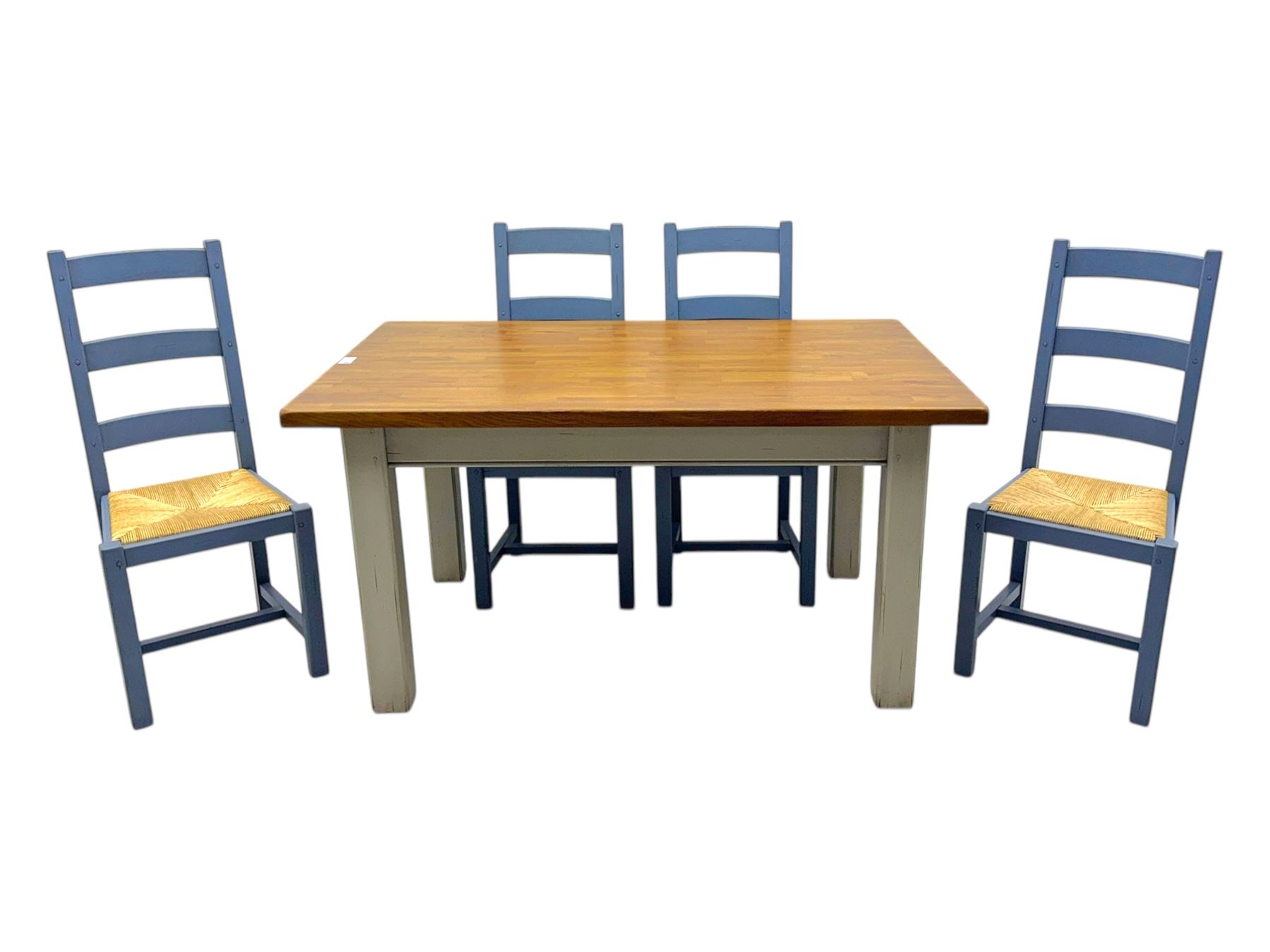Fired Earth - contemporary kitchen table, rectangular oak parquetry top over four cream painted chamfered square section supports; together with set of four ladderback chairs, each with woven rush seat and lavender-grey painted finish