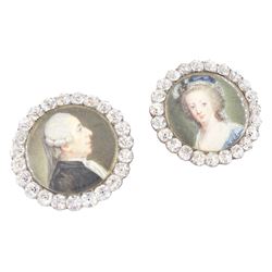 Set of six late 18th century French portrait miniature buttons, each finely painted upon ivory with a likeness of notable figures of the French Royal Court, set under glazed panels within silver frames mounted with paste stones, engraved verso with the sitters’ names and fitted with eyelets, later adapted with suspension rings; comprising “LE ROY” (Louis XVI), “LA REINE” (Marie Antoinette, youth portrait), “LA REINE” (Marie Antoinette, mature portrait), “MADAME” (Maria Josepha of Savoy, 1771–1810, wife of Louis, Comte de Provence, later King Louis XVIII), “M. BAILLY” (Jean Sylvain Bailly, 1736–1793, Mayor of Paris), and “M. L’ABBÉ MAURY” (Jean-Siffrein Maury, 1746–1817, Cardinal and Archbishop of Paris), overall D3.5cm. This lot has been registered for sale under Section 10 of the APHA Ivory Act