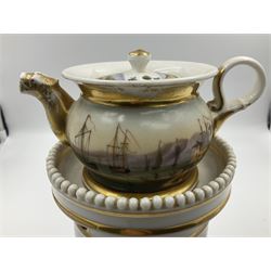 Two 19th century continental teapots and warmers, each teapot upon a cylindrical warming base, hand printed with seascapes, largest H22cm 