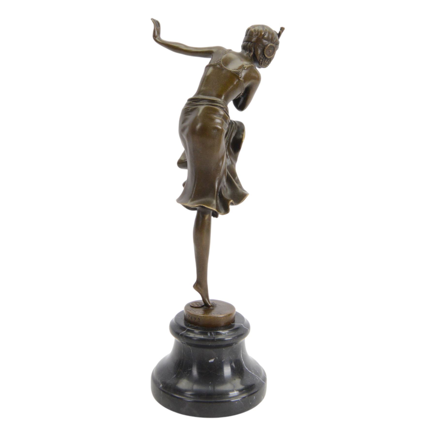 After Dimetri H Chiparus; Art Deco style bronze, modelled as a dancing flapper girl, upon black marble socle base, overall H40cm