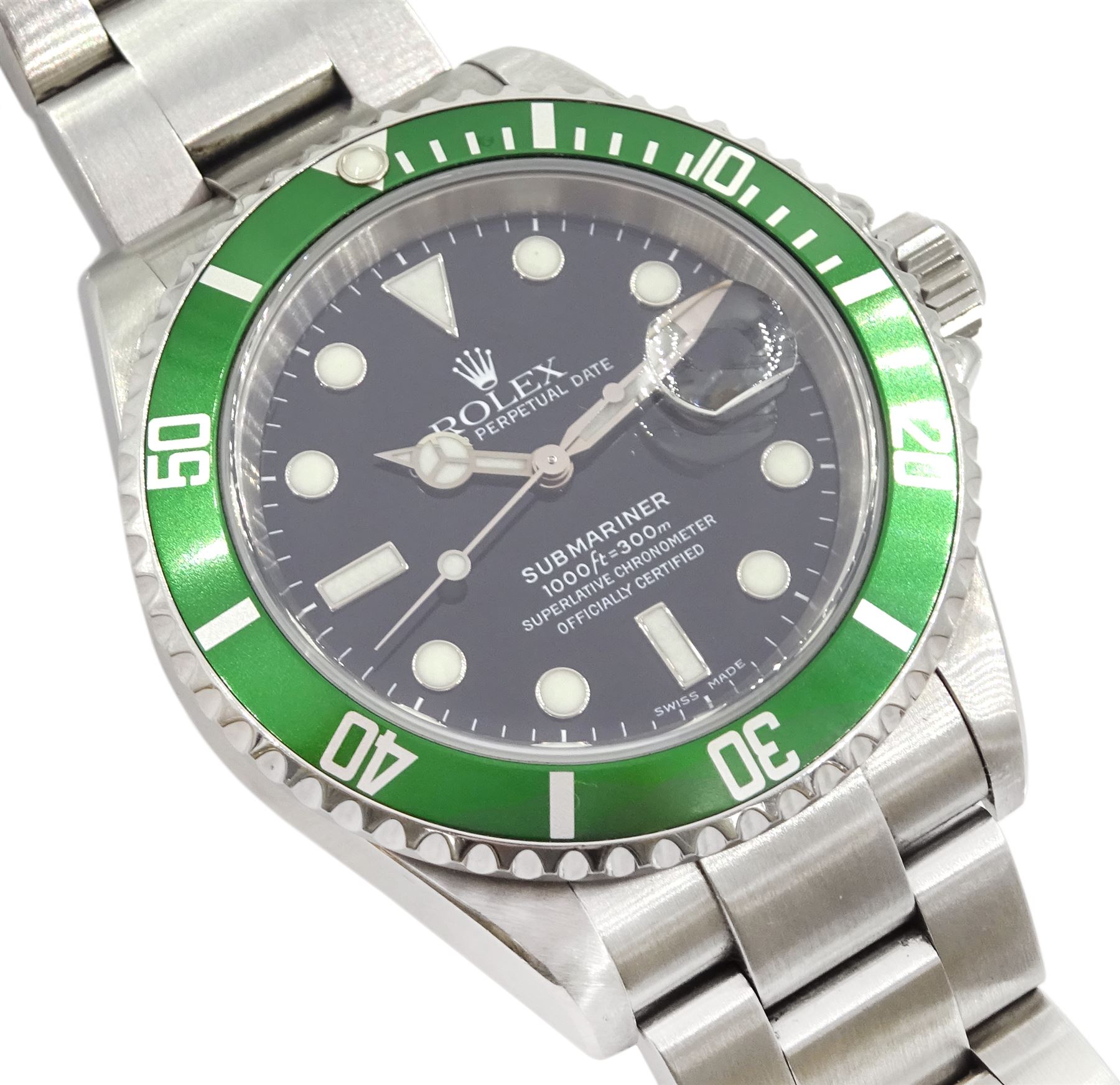 Rolex Oyster Perpetual Date Submariner 'Kermit' gentleman's stainless steel automatic wristwatch, circa 2005, model No 16610LV, serial No. D079091, 60 minute rotating green bezel, on Rolex Oyster stainless steel bracelet, with fold-over clasp, boxed with service guarantee dated 2014