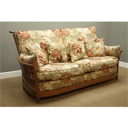  Ercol 'Renaissance' golden dawn elm three piece lounge suite three seat sofa (W195cm), and pair matching armchairs (W92cm), upholstered in floral fabric with scatter cushions   