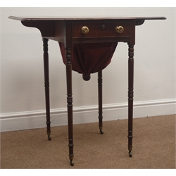  George III mahogany Pembroke work table, moulded rectangular drop leaf top, single drawer to end and false drawer to reverse, turned collar supports, 48cm x 41cm, H75cm  