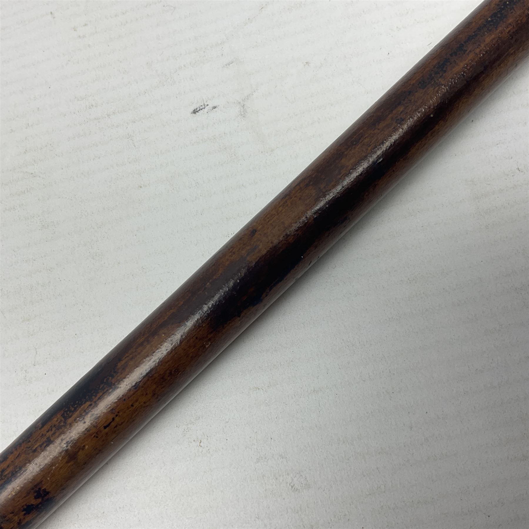 19th century malacca walking cane with scrimshaw handled in the form of a clenched fist holding a scroll, H86cm 