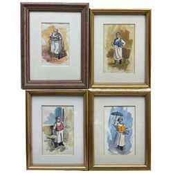 Hugh Cushing (British 20th century): 'Cafe at La Fleurie' 'Claude on Pub Duty' 'At L'Hermitage Orleans', 'Bernard at le Relais du Lac', set four pen and watercolours signed and titled 14cm x 9cm