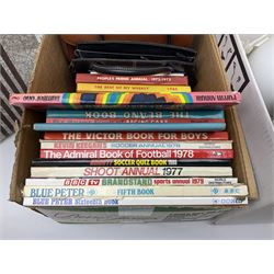 Collection of silver plated cased cutlery including part canteens and butter knives, together with other metal ware including J&J Siddons iron, horse brasses and a copper kettle, 1970s children's annuals including Beano, two handbags and three suitcases, vintage tins etc, in four boxes 